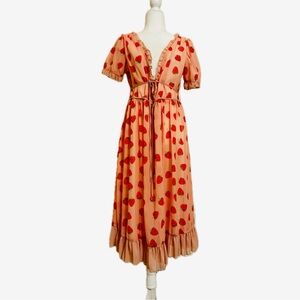 Peach Pink Dress with Red Strawberry Pattern and Puff Sleeves, Size L